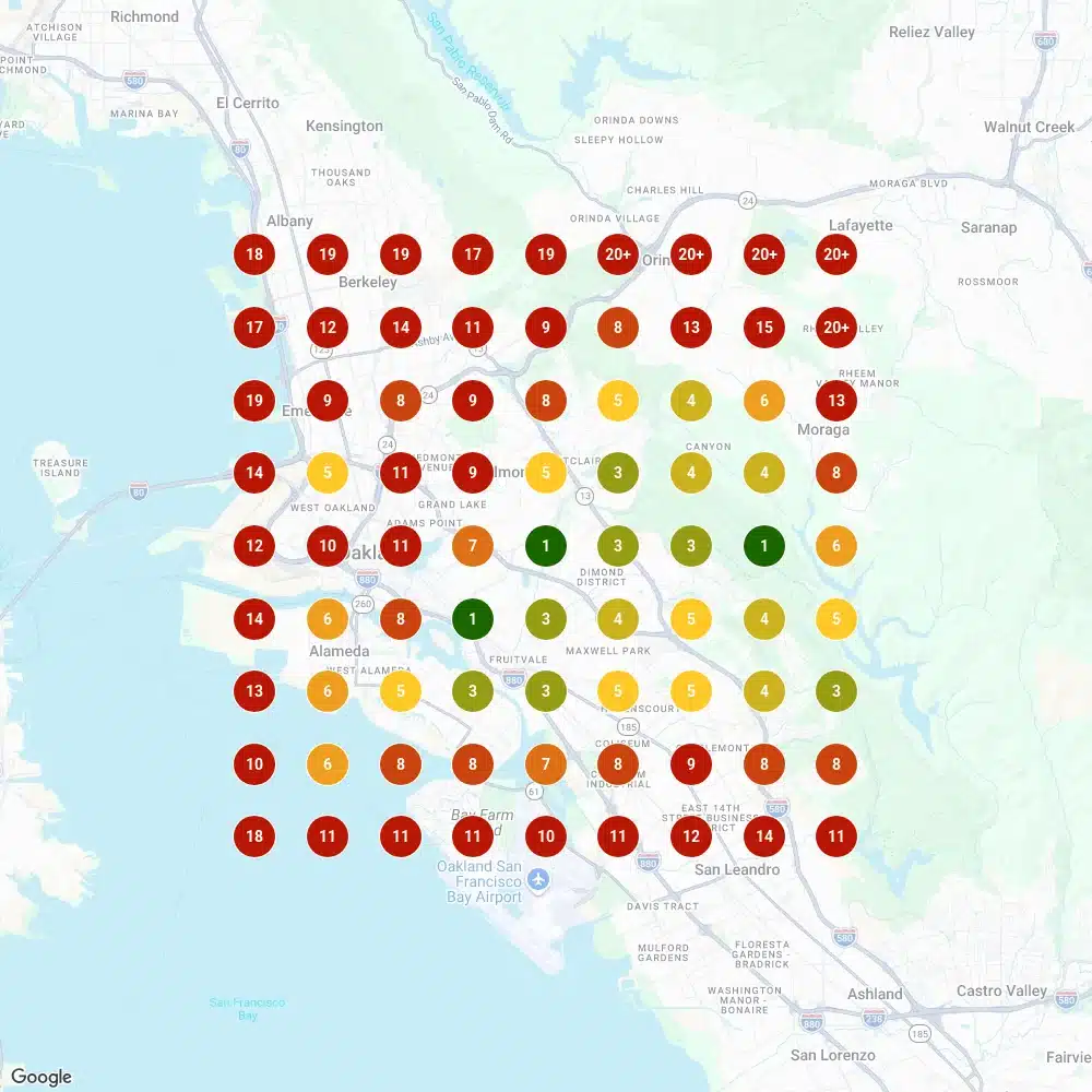Local Falcon 9 by 9 grid scan for "bathroom remodeler" in Oakland on 29 February 2024, mostly red and orange ranking pins.