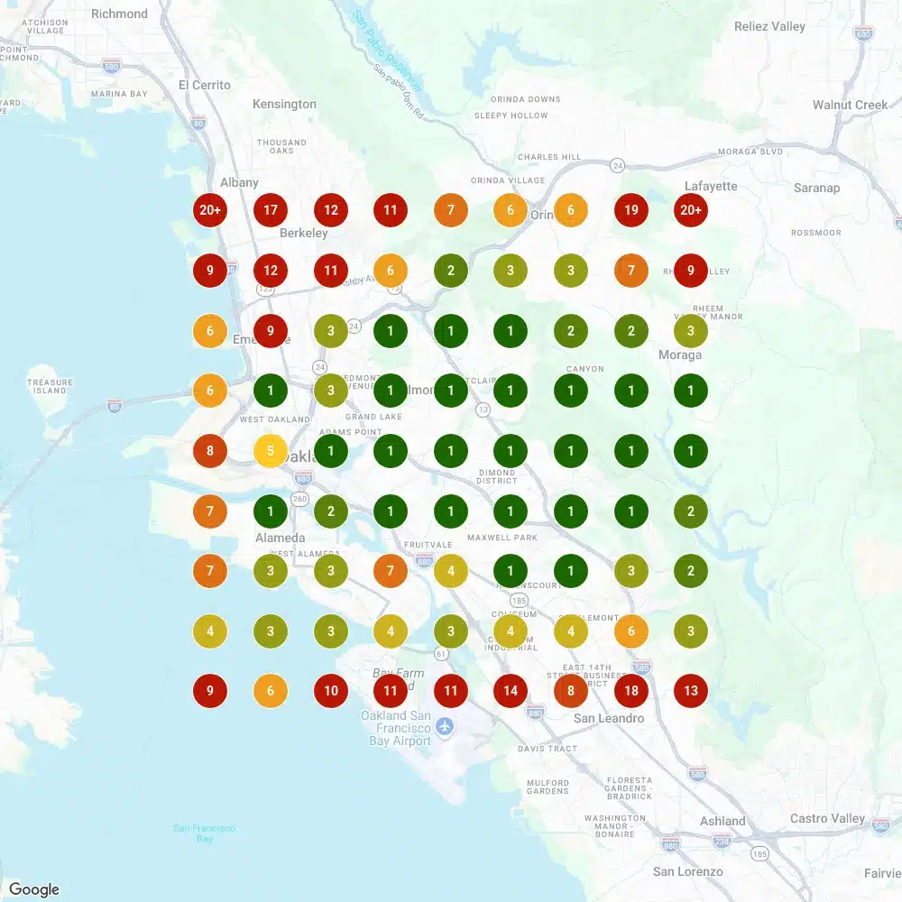 The same grid scan for "bathroom remodeler" on 7 May 2025, with most pins green.