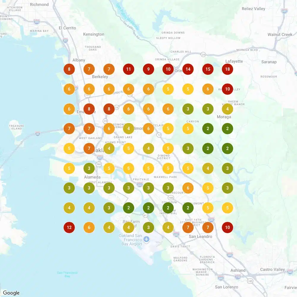 Local Falcon 9 by 9 grid scan for "garage conversions" in Oakland on 18 June 2025, mostly red and orange ranking pins.