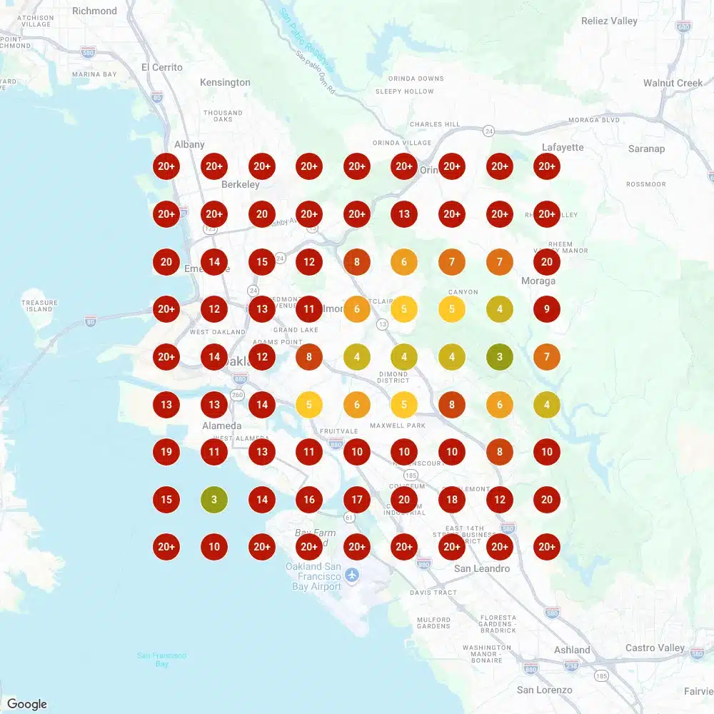 Local Falcon 9 by 9 grid scan for "remodeling contractor" in Oakland on 1 August 2024, mostly red and orange ranking pins.