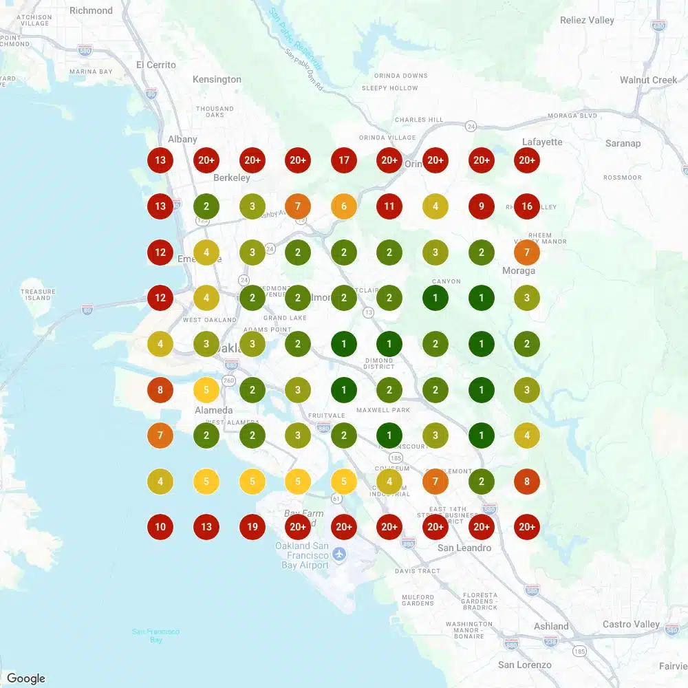 The same grid scan for "remodeling contractor" on 24 December 2024, with most pins green.