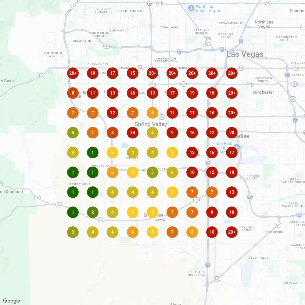 Local Falcon 9 by 9 grid scan for "general contractor las vegas" on 9 December 2024, with red and orange pins across the north and east of Las Vegas.