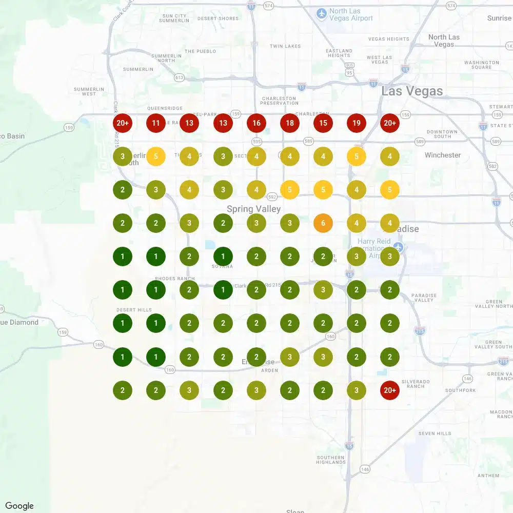 Local Falcon grid scan for 1 Home Construction showing first and second place across Las Vegas.