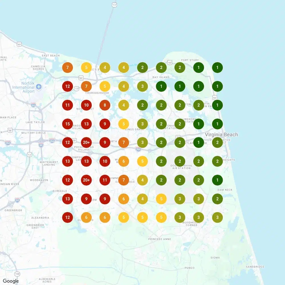 The same grid scan for "locksmith virginia beach" on 8 July 2025, with far more top-three positions.