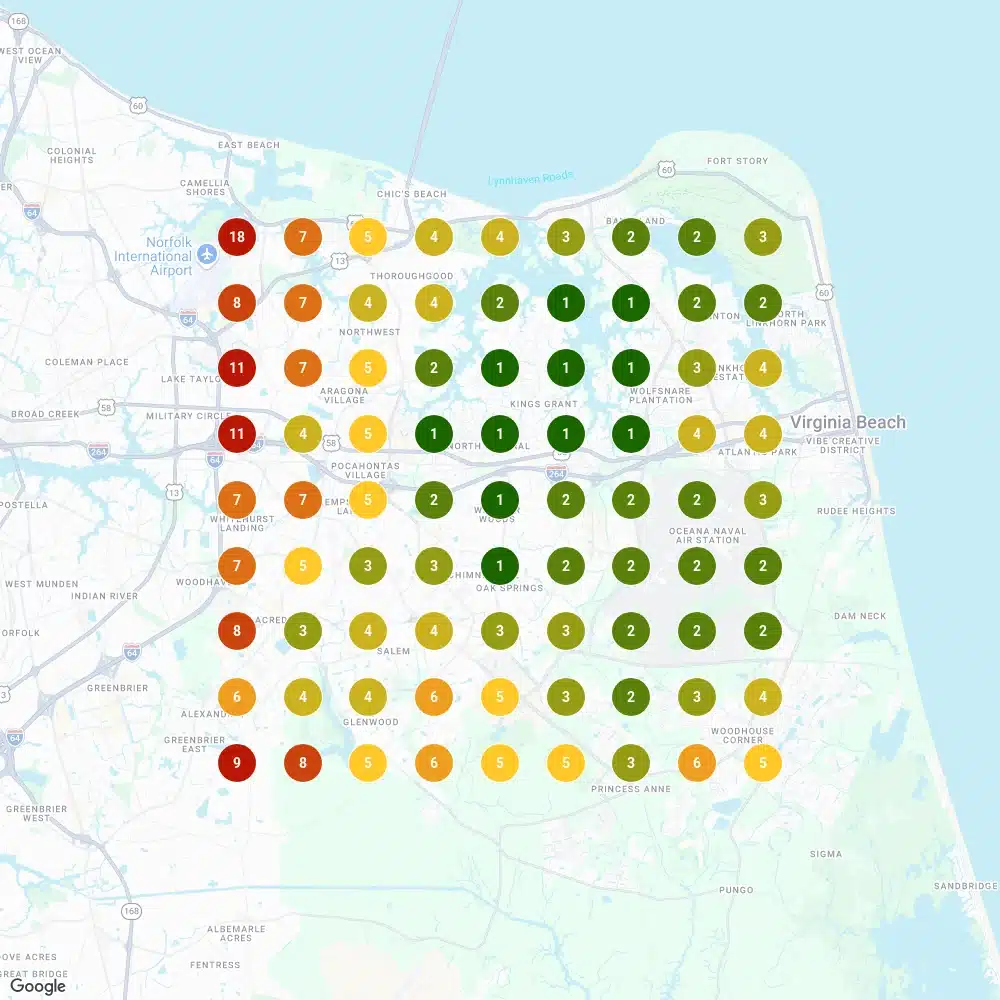 Local Falcon grid scan showing top-three positions across Virginia Beach for a locksmith.