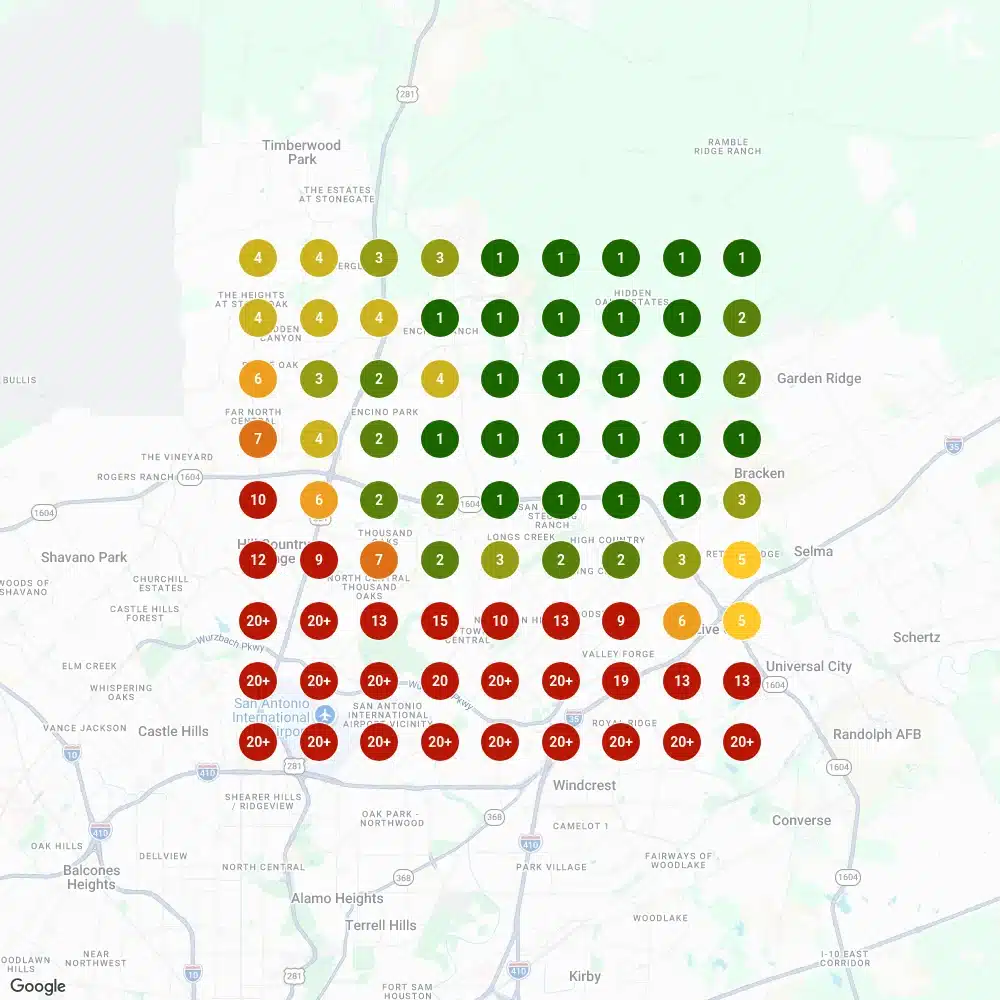 Local Falcon grid scan for Green Air Duct Club showing first places across northern San Antonio.