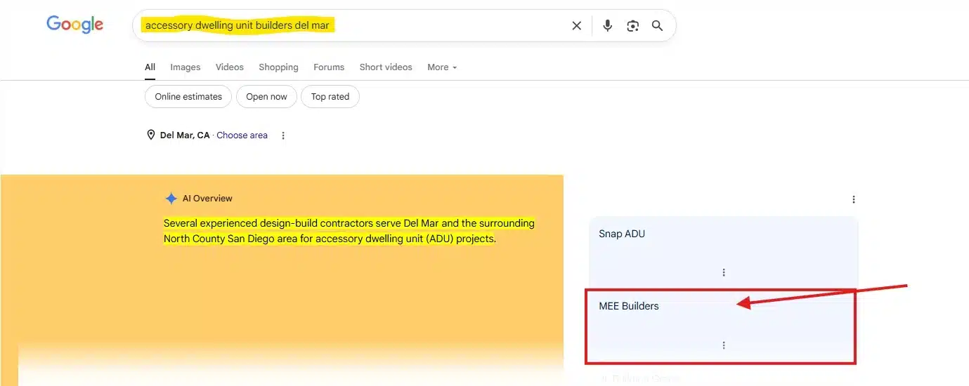 Google AI Overview for the search "accessory dwelling unit builders del mar" on 8 September 2026, naming Mee Builders among the recommended contractors.