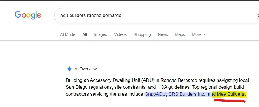 Google AI Overview for the search "adu builders rancho bernardo" on 11 August 2026, naming Mee Builders among the recommended contractors.