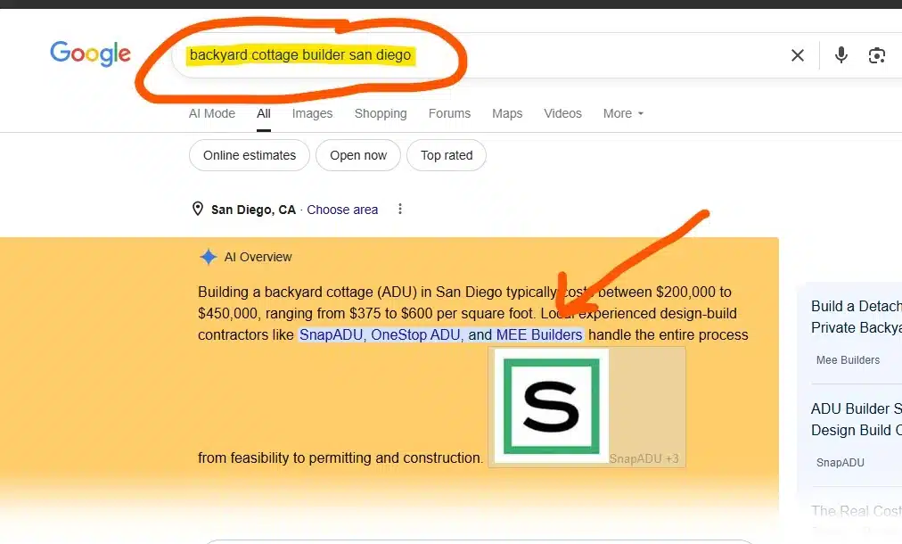 Google AI Overview for the search "backyard cottage builder san diego" on 11 June 2026, naming Mee Builders among the recommended contractors.