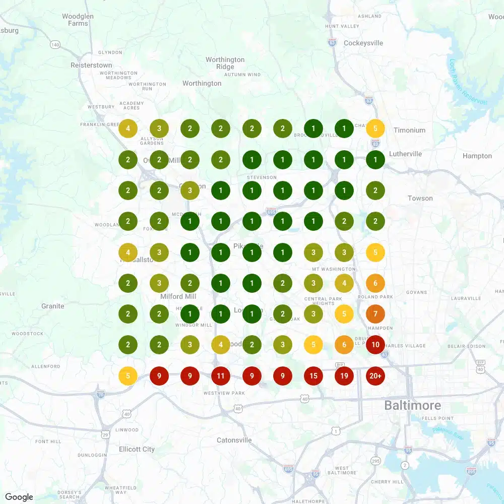 Local Falcon grid scan for Orna Wigs showing first places across Pikesville, Maryland.